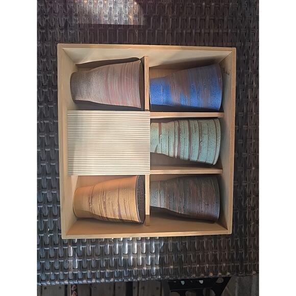 Ceramic Striped Tumblers Set of 5, 10cm, Rustic Finish - Picture 1 of 2